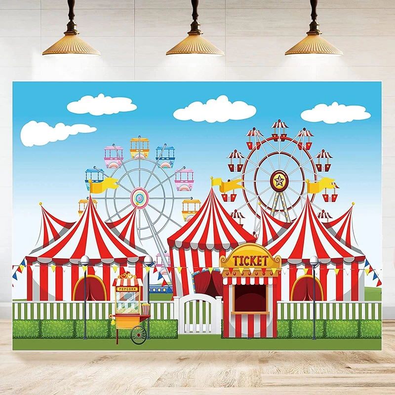 

Photography Backdrop Red Circus Amusement Park Tents Playground Carnival Carousel Birthday Party Background Banner