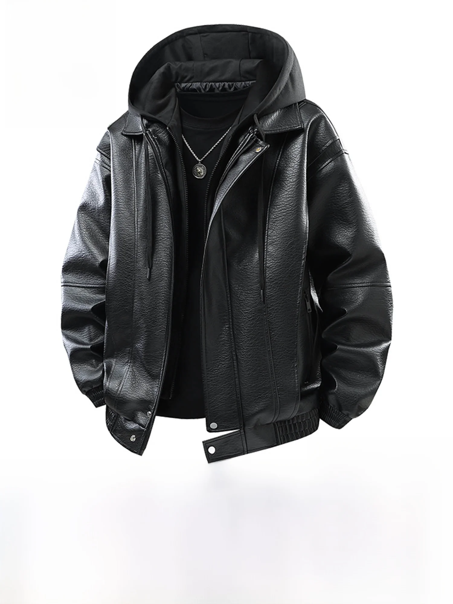 

True Weave American Sle Hooded Leather Jaet Men's Autumn Winter Thiened Casual Outerwear Fce Lined Zipper Closure