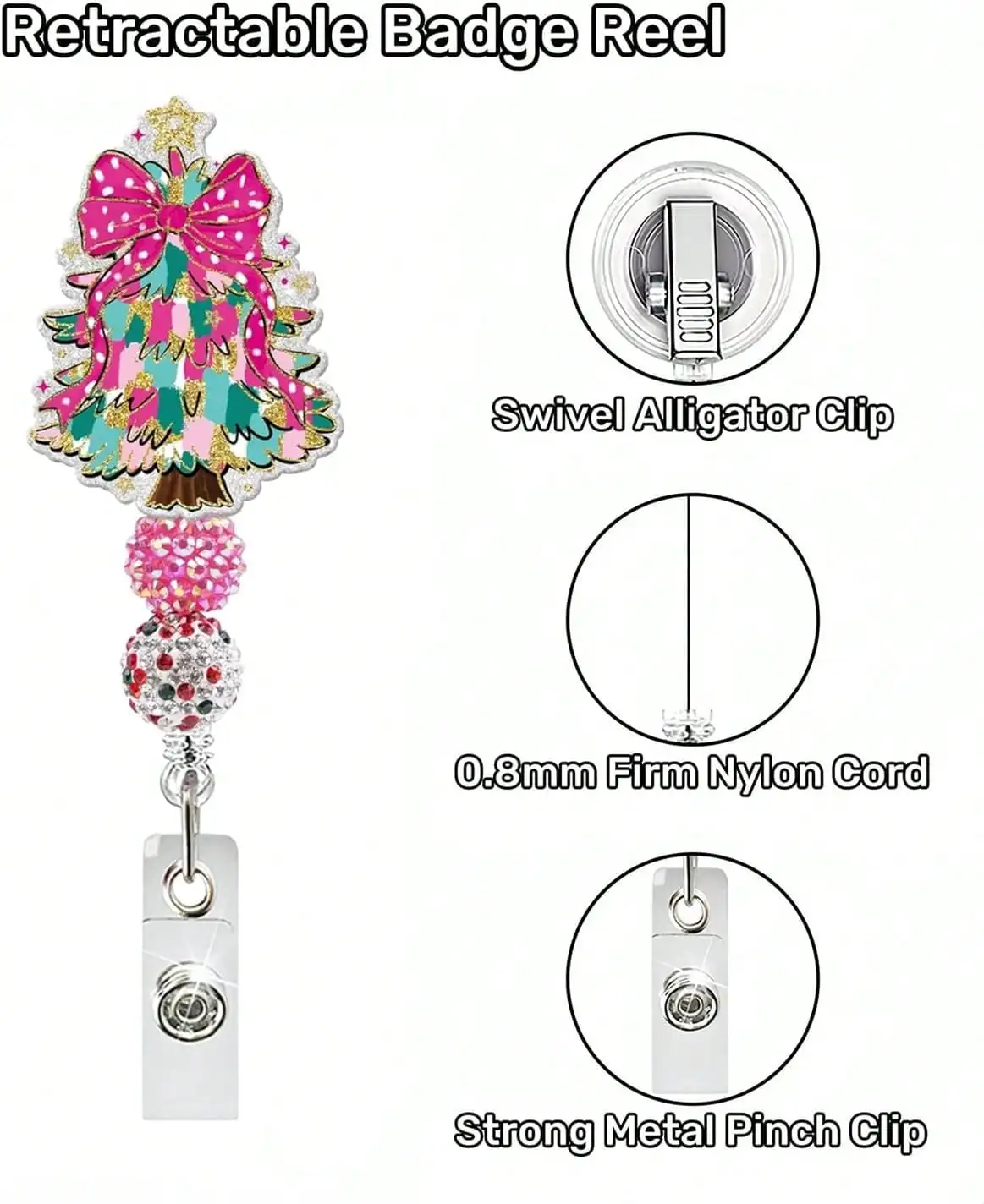 Christmas Tree Badge Reel Pink Bow Winter Tree Badge Holder Retractable ID Name Tag With Beads Cute Holiday Christmas Acrylic Alligator Badge Clip For Nurses Nursing Gifts Work Accessories Essentials SS260905144522195425206