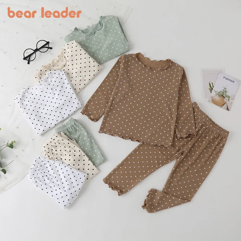 

Bear Leader Kids Sleepwear Summer Long Sleeved Polka Dot Printed Top+Pants 2-piece Set Korean Solid Color Simple Girls Clothes