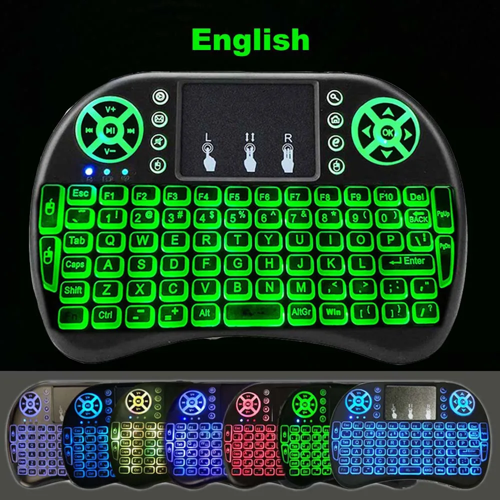 N الإنجليزية الروسية الفرنسية الإسبانية البرتغالية 2.4Ghz USB لوحة اللمس ل أندرويد TV Box PC الخلفية لوحة المفاتيح اللاسلكية الصغيرة I8