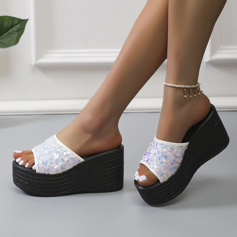 Crystals Wedges High Heels Slippers Leisure Summer Sandal Woman Shoes Women Platform Mules Slippers Slip on Outside Pantuflas