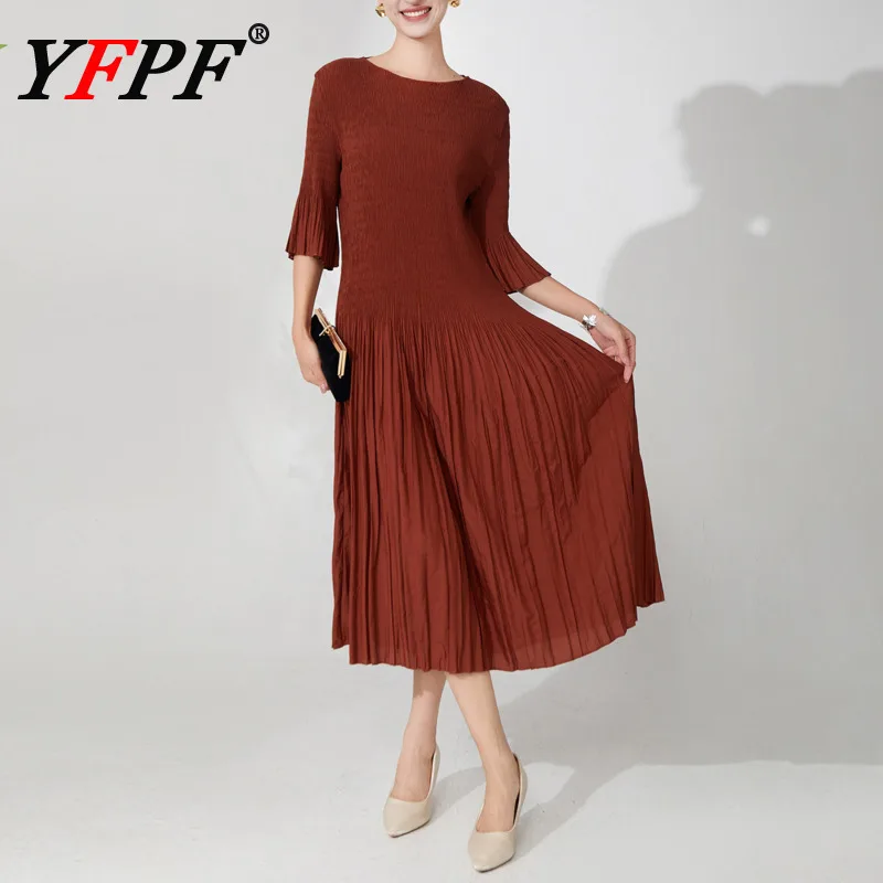 

YFPF Women Miyake Pleated Dress Women Flare Sleeve Folds Patchwork Solid Color A Line Long Dresses Casual 2025 New Clothing