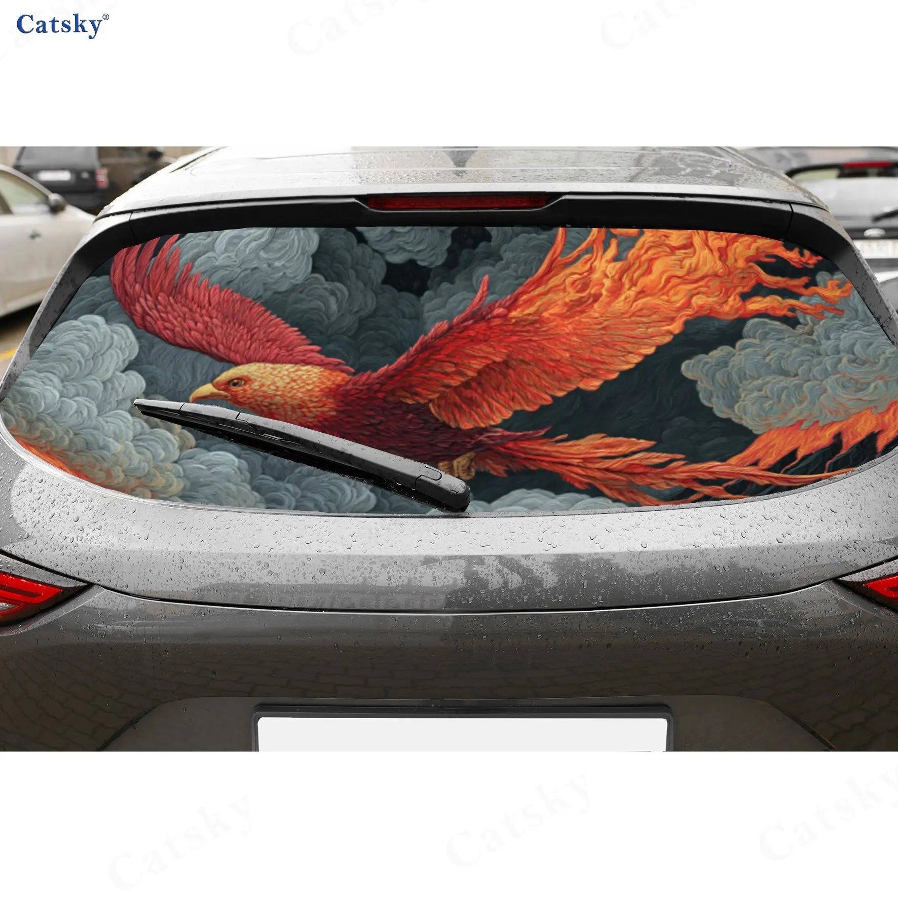Phoenix Rebirth Sky Adventure PVC Perforated Car Vinyl Wraps, Durable Car Rear Windshield Sticker, Waterproof Car Rear Window De