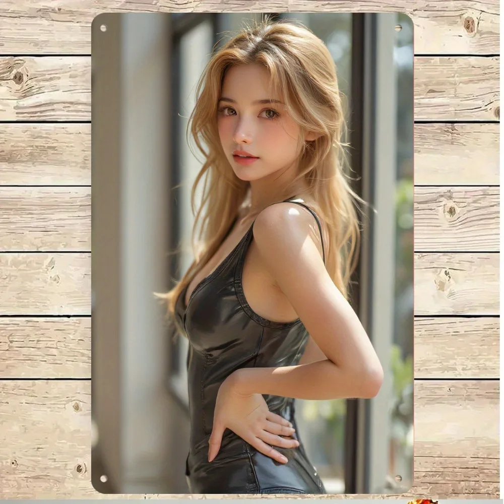 Vintage East Asian Beauty with Wavy Blonde Hair in Black Faux Leather Sleeveless Bodysuit Metal Tin Sign - Retro Modern Urban St
