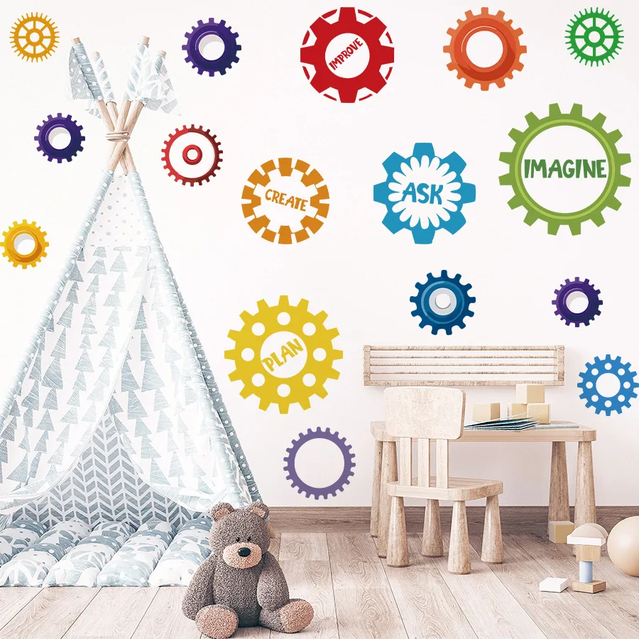

Cartoon Color Gear English Word Self-adhesive Wall Stickers for Children's Room Living Room Nursery Classroom Wall Decoration