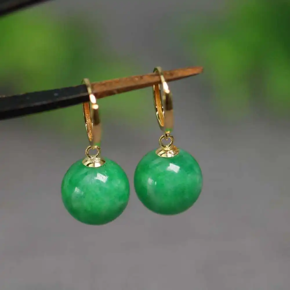 10mm Natural Jadeite Jade Beads Earrings 18k Hook Eardrop Freshwater Jewelry Easter Hook Party Lucky Ear stud New Year