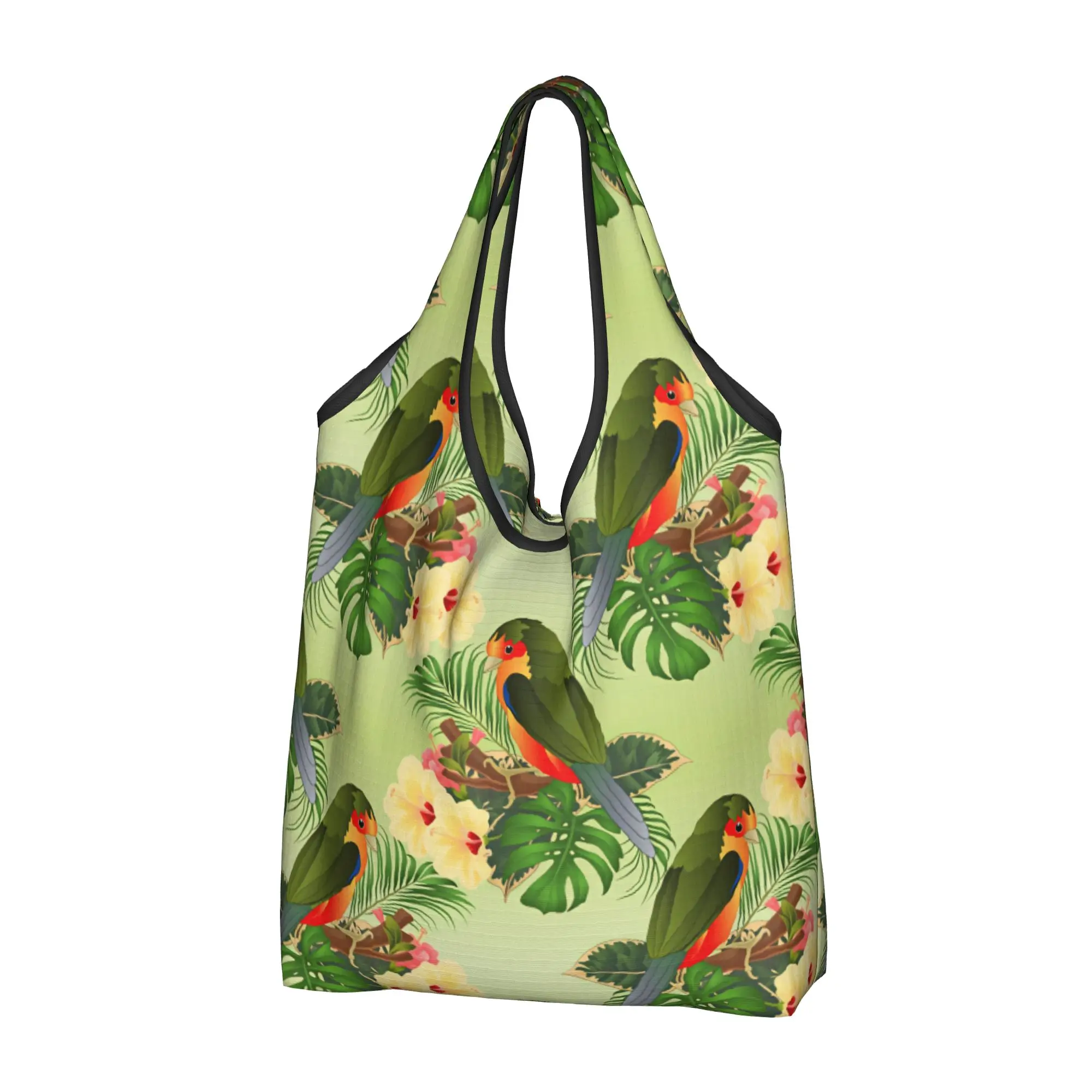 Reusable Fashion Watercolor Birds And Plant Flowers Shopping Bag Women Tote Bag Portable  Grocery Shopper Bags