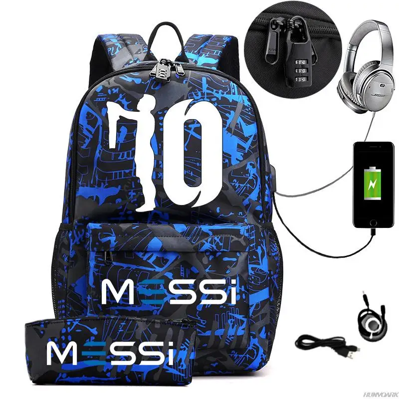 Messi-mochila ligera para ordenador portátil para hombre y mujer, morral escolar informal con USB, mochila de viaje para jóvenes, adolescentes,