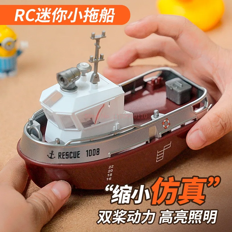 1/32 Rc Boat With Lights Powerful Dual Motor 2.4g Long Range Wireless Remote Controlled Tugboat Model Toy For Boy Girl Gifts