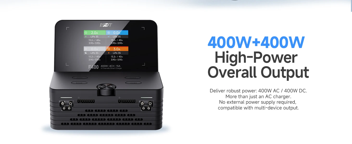ISDT F400 AC/DC four-channel charger with high power and dual-mode input, all-in-one foldable screen