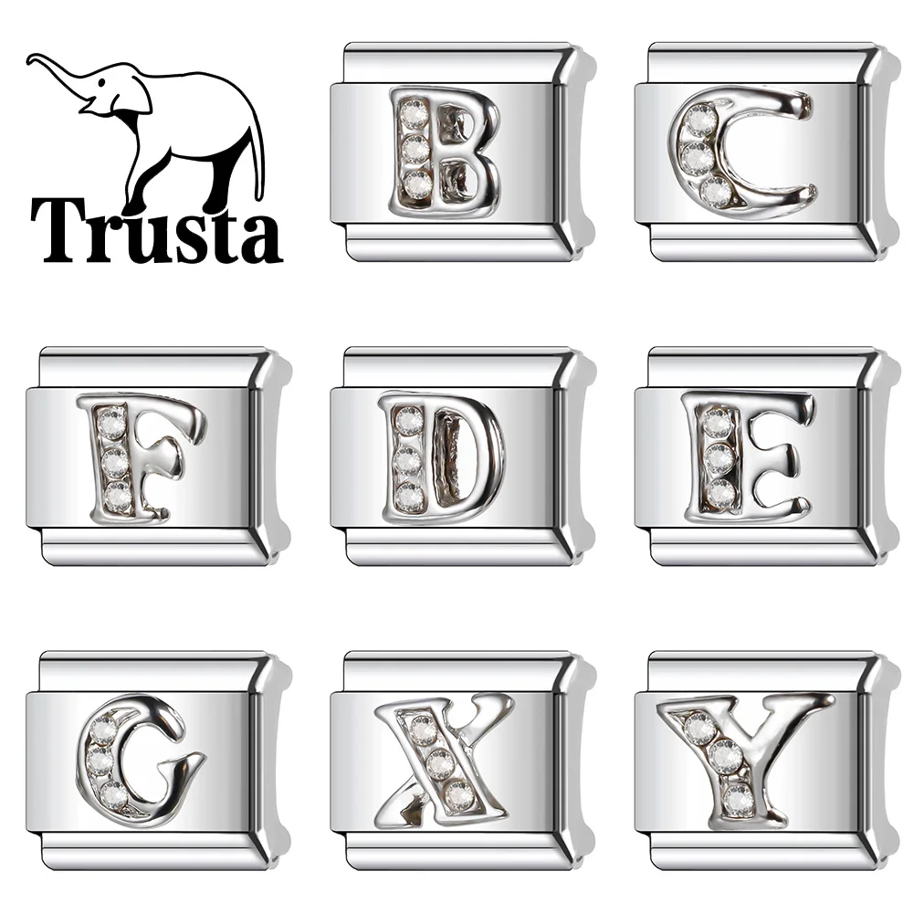 Trusta Fashion 2024 New 26 Letters CZ Charm Italian Links 9mm Stainless Steel Bracelet for Women Girl DIY Jewelry Wholesale N042