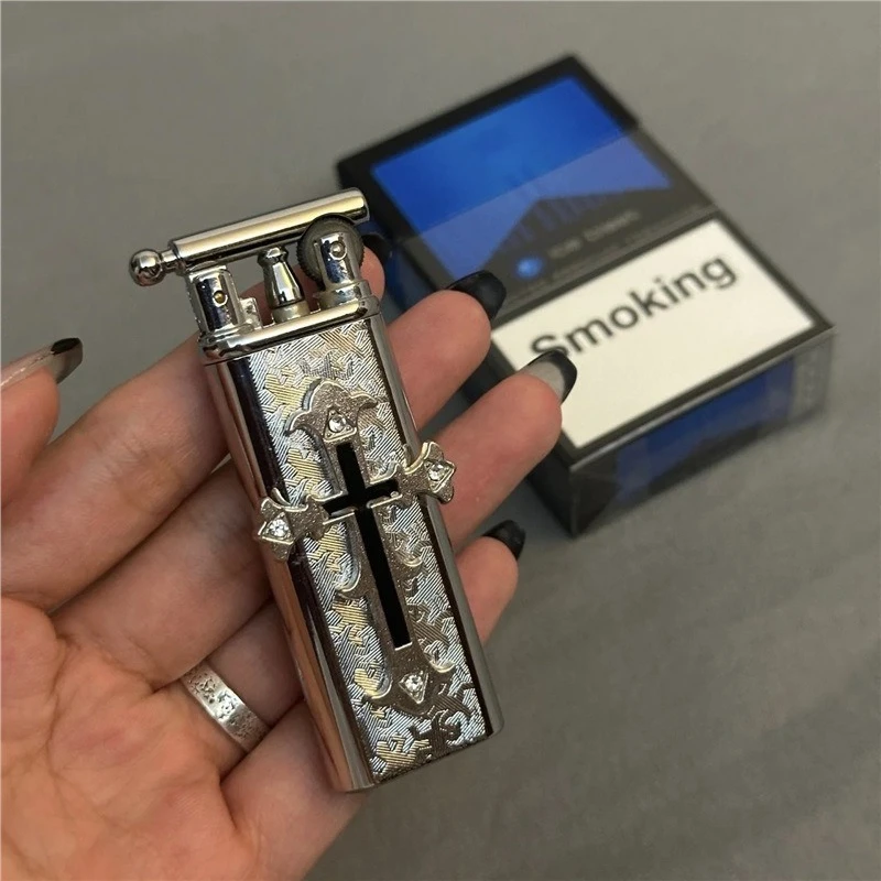 

New High-end Handmade Retro Cross Fuel Oil Lighter with Metal Grinding Wheel and Open Flame Portable Lighter Smoking Gift