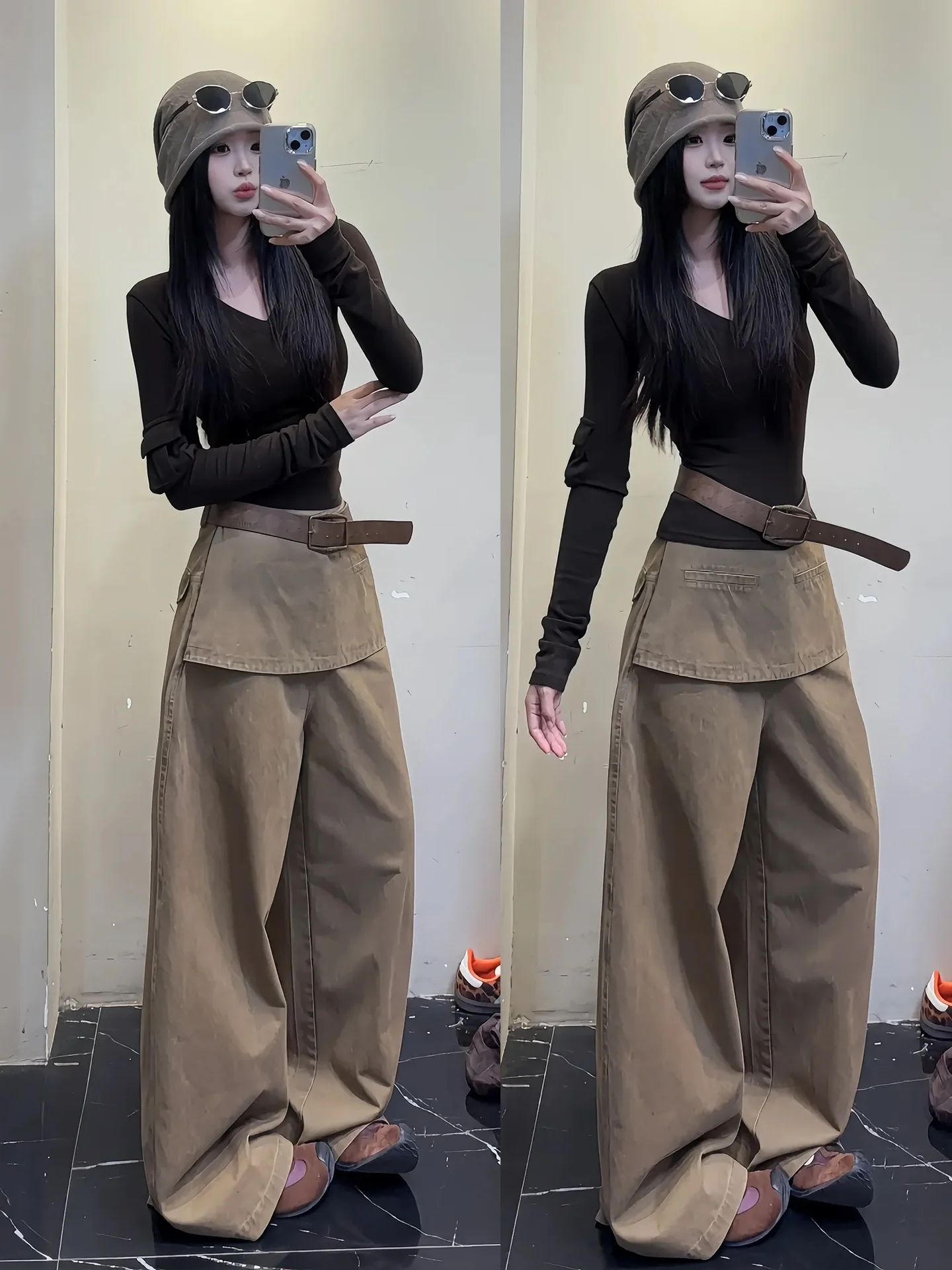 

Spring Vintage Large Size Women's Long Sve T-irt And Wide Leg Pants Set Fake Two-Piece Workwear Comfortable High Waist