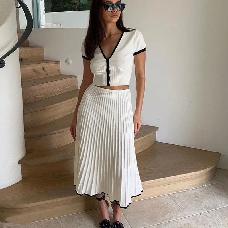 

2024 Summer Women White Long Skirt Suit, Short Sleeve V-Neck Crop Top Pleated Elegant 2 Piece Set, Plus Size S-3XL