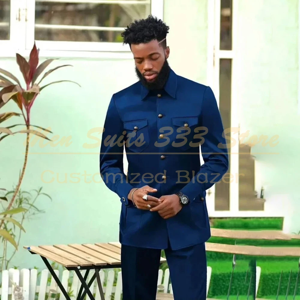 

Safari Blue Men's Suits Elegant Single Breasted Stand Lapel Slim Fit 2 Piece Jacket Pants Outfits Business Male Clothing Terno