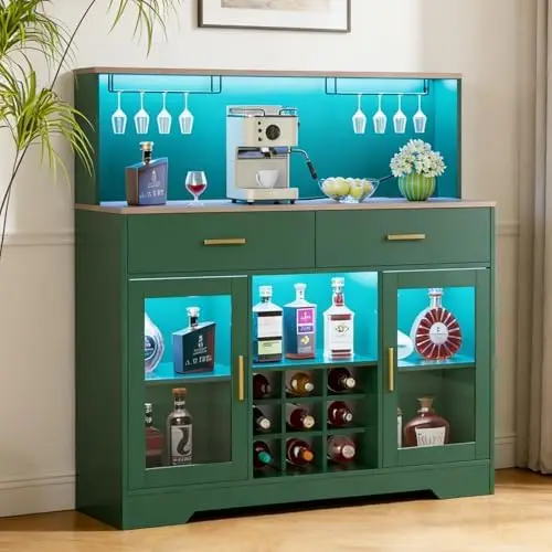 Wine Bar Cabinet with LED Lights, Liquor Cabinet for Home, Coffee Bar Cabinet with Wine Rack and Glass Holder, Black