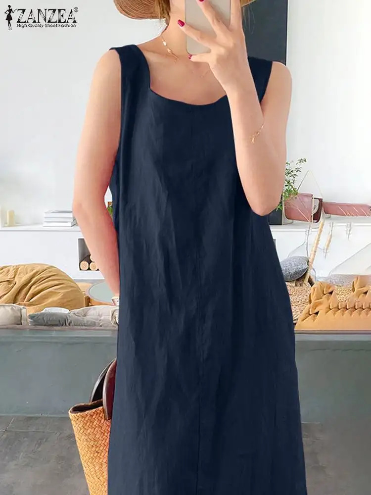 ZANZEA Summer Fashion Sleeveless Solid Holiday Dress Women Elegant Party Midi Sundress Robe Femme Vintage Cotton Vestido Sarafan