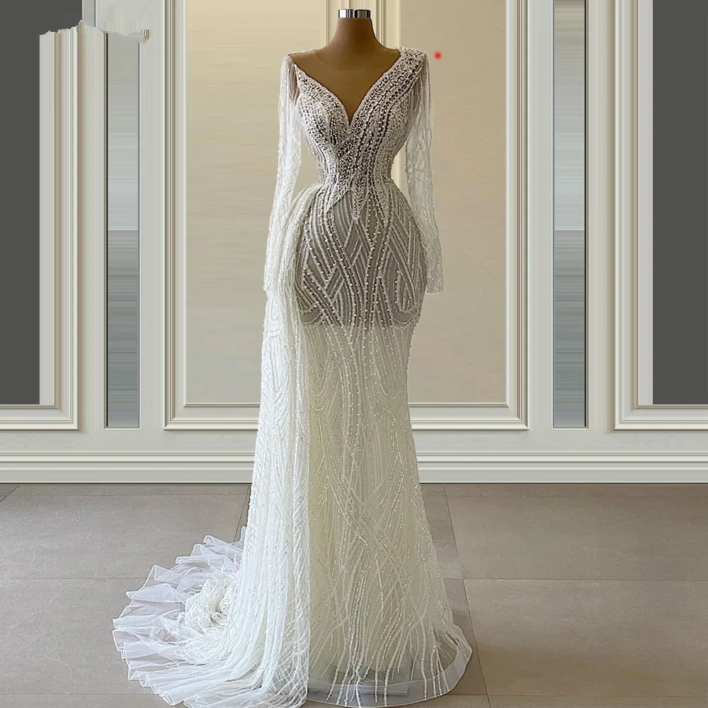 Robe de Mariée Sirène Transparente avec Perles, Tenue à Col Transparent avec des Paillettes Appliquées sur Mesure, pour les Patients Bijoutiers