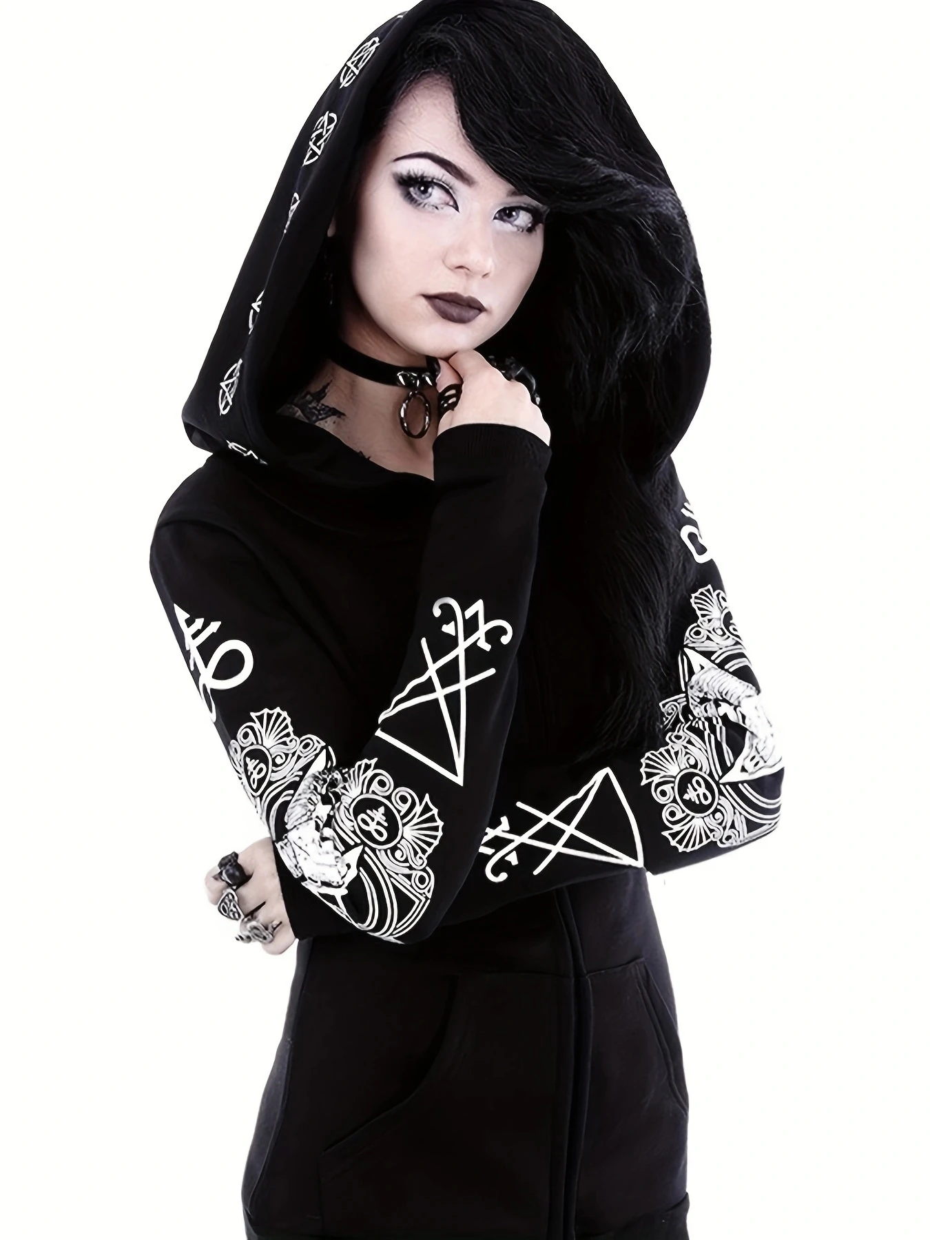 Womens Gothic Hoodie - Sun Moon Print Sweatshirt with Durable Zipper & Hooded Cardigan - Soft Fleece Lining, Punk Goth Style, Pe