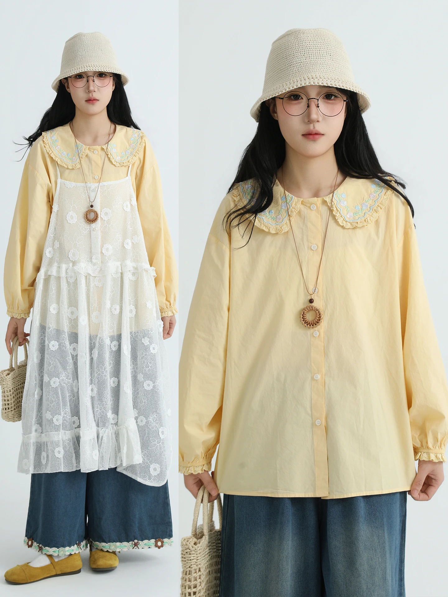 

Boeren Embroidered Doll Collar irt Women's Sweet Artistic Sle Cotton Long Sve Slimming Top for Spring Commute