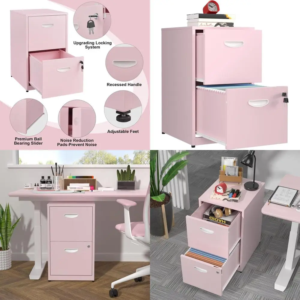 

Pink Metal Vertical 2-Drawer File Cabinet with Lock, 18 Depth for Home Office, Light Duty Storage for Letter Size Files, Assembl
