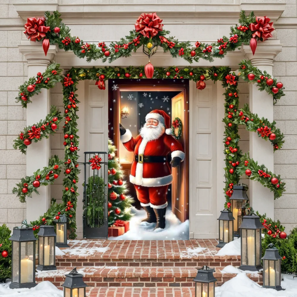 Christmas Door Flags Santa Claus Snowman Photos Home Background Decorations Curtains Hanging Cloth Christmas Outdoor Decoration
