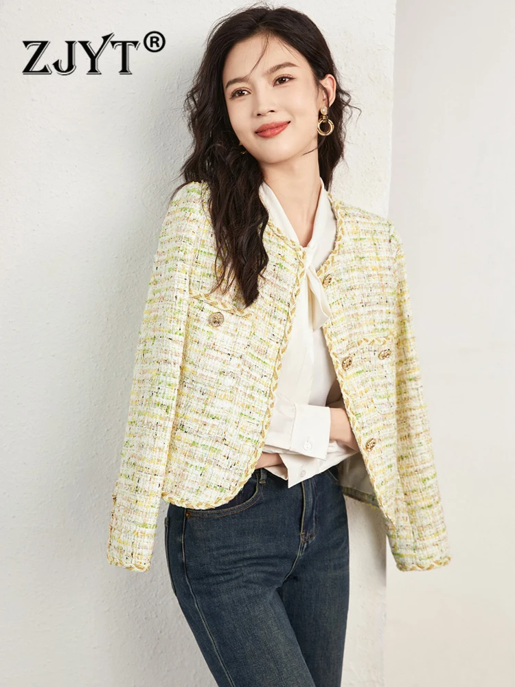 

ZJYT Fashion Tweed Woolen Jacket for Women 2023 Autumn Winter Elegant O Neck Loose Outerwear Veste Femme Office Casual Party