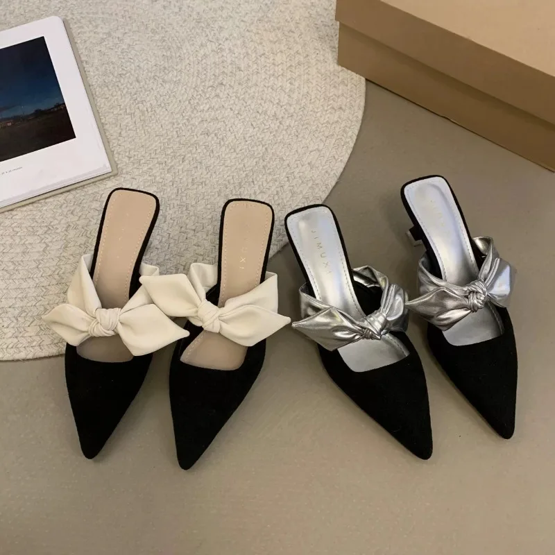 Summer Women Pointed Toe High Heels Sandals Bowknot Fashion Flower Woman Shoes Slingback Woman Slippers