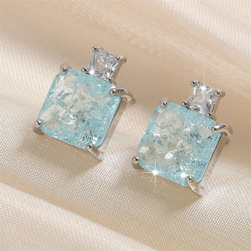 UILZ Luxury Blue Pink Rectangle Cubic Zirconia Dangle Earrings for Women Girls Fashion Jackpot Wedding Party Jewelry