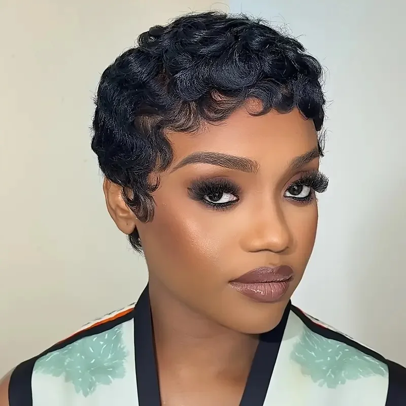Remy Short Chioma Wavy Pixie Curl Human Hair Machine Made Wig For Black Women
