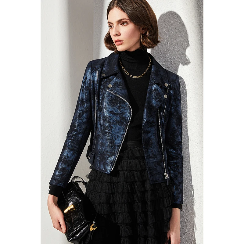 

Light Luxury and High-end Feeling, Starry Sky Blue Pearl Sheepskin Slim Short Motorcycle Genuine Leather Jacket for Women