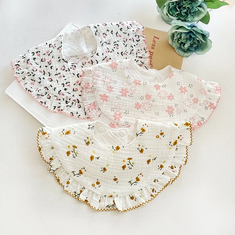 Floral Baby Feeding Drool Bib 4 Layers Gauze Soft Infants Burp Cloth for Newborn Toddler Girls Bibs