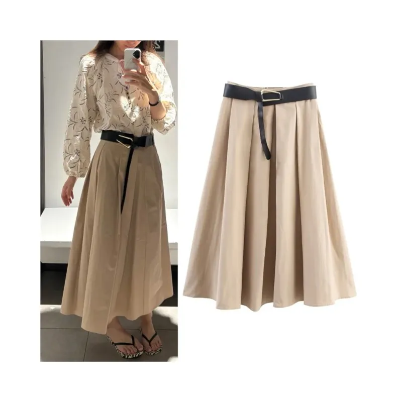 

Women's autumn layered waist belt high waisted MIDI skirt women's pleated back zipper skirt A-line hem women's skirt