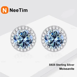 NeeTim Moissanite Stud Earrings for Women 925 Sterling Silver Green Blue Pink Red Black Blue Sparkling Moissanite Studs Earring