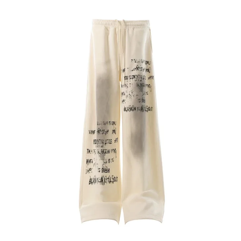 

Letters Washed Distressed Prints Spray Dyed Wide Sweat Pants Cotton Men's and Women's Straight Leg Sweatpants Oversized Joggers