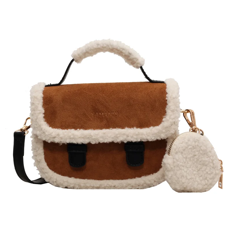 2023 Winter New Women's Plush Small Square Bag Color Contrast Design Single Shoulder Crossbody Bag Brown Handbag