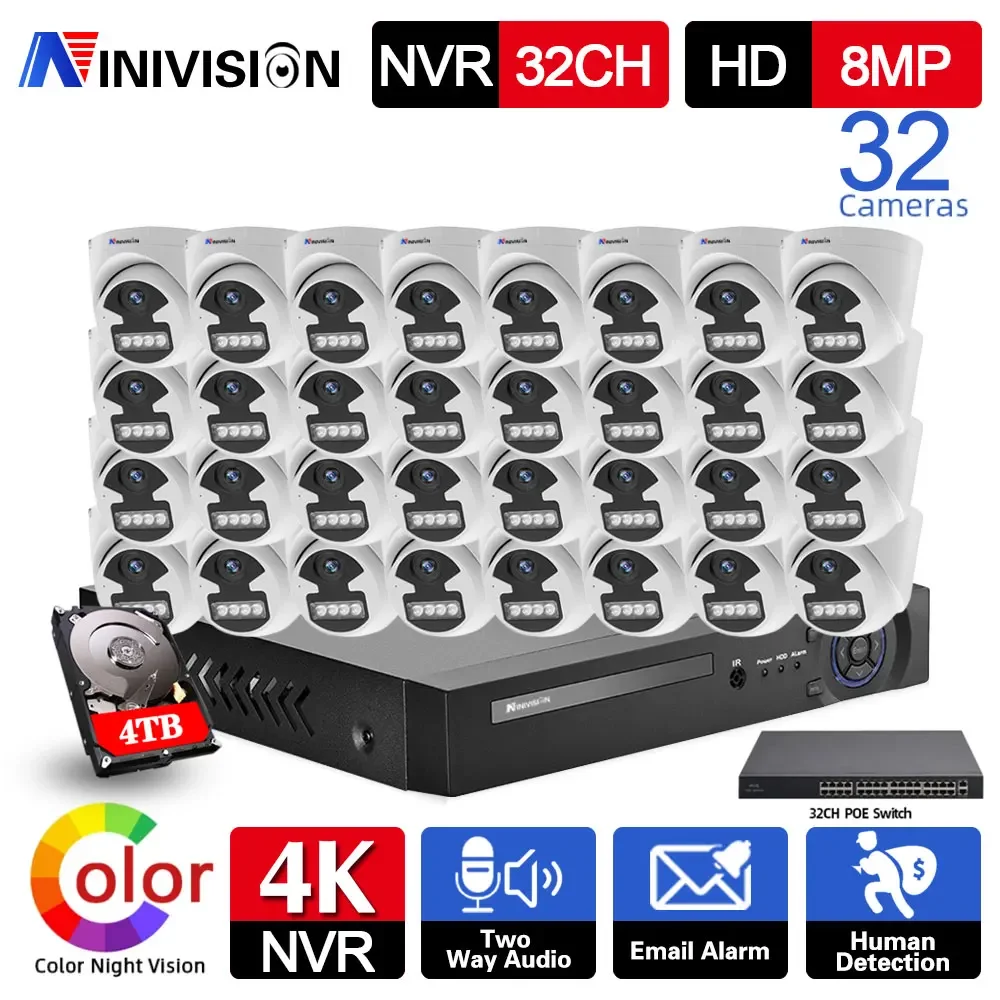 8MP 5MP 16/24/32CH NVR CCTV Security Camera System 4K Two-Way Audio POE Indoor Outdoor Color Night Vision Video Surveillance Kit