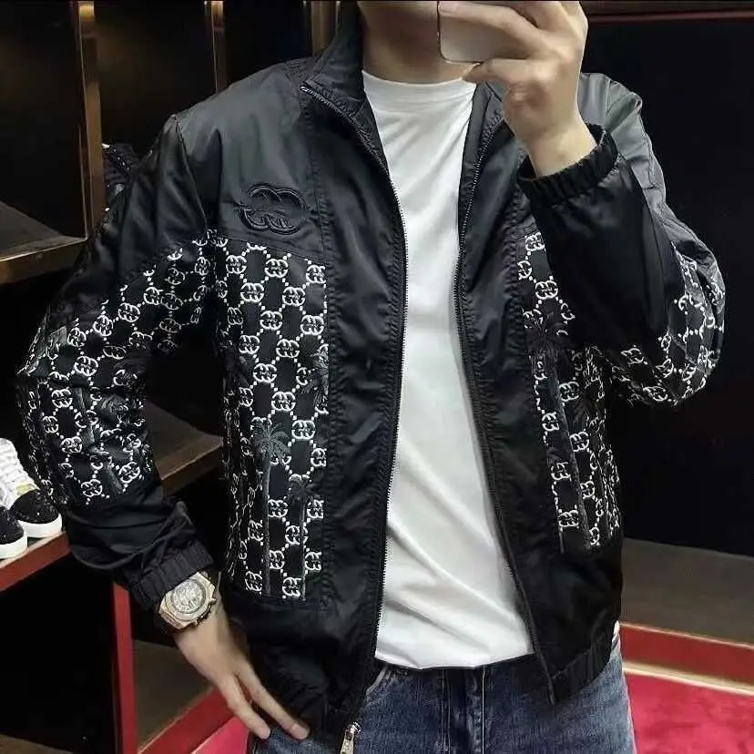 

Модная мужская куртка с воротником-стойкой, Мужская одежда, осенняя Новинка, универсальное пальто контрастного цвета с принтом