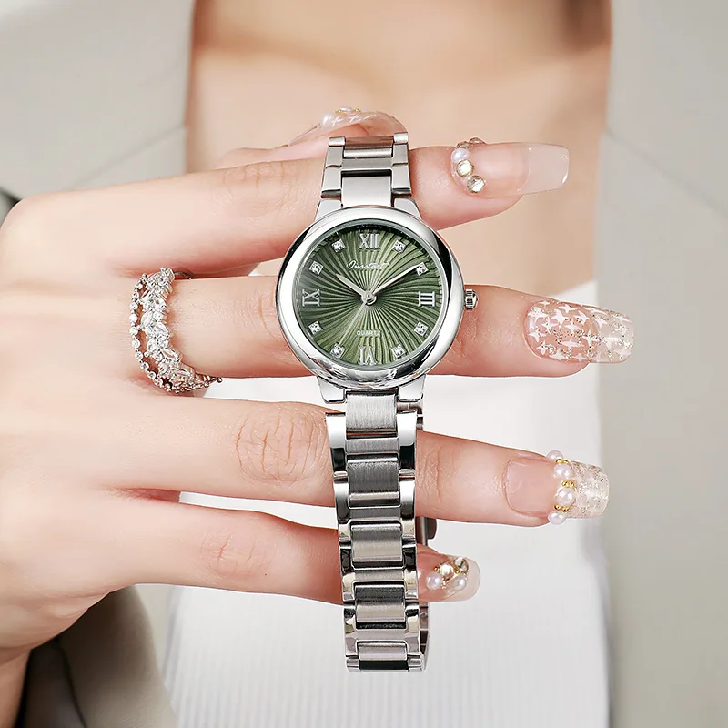Famous Brand Women Watches Luxury Diamond Studded Dial Women's Wristwatch New Versatile Avocado Green Ladies Quartz Watch