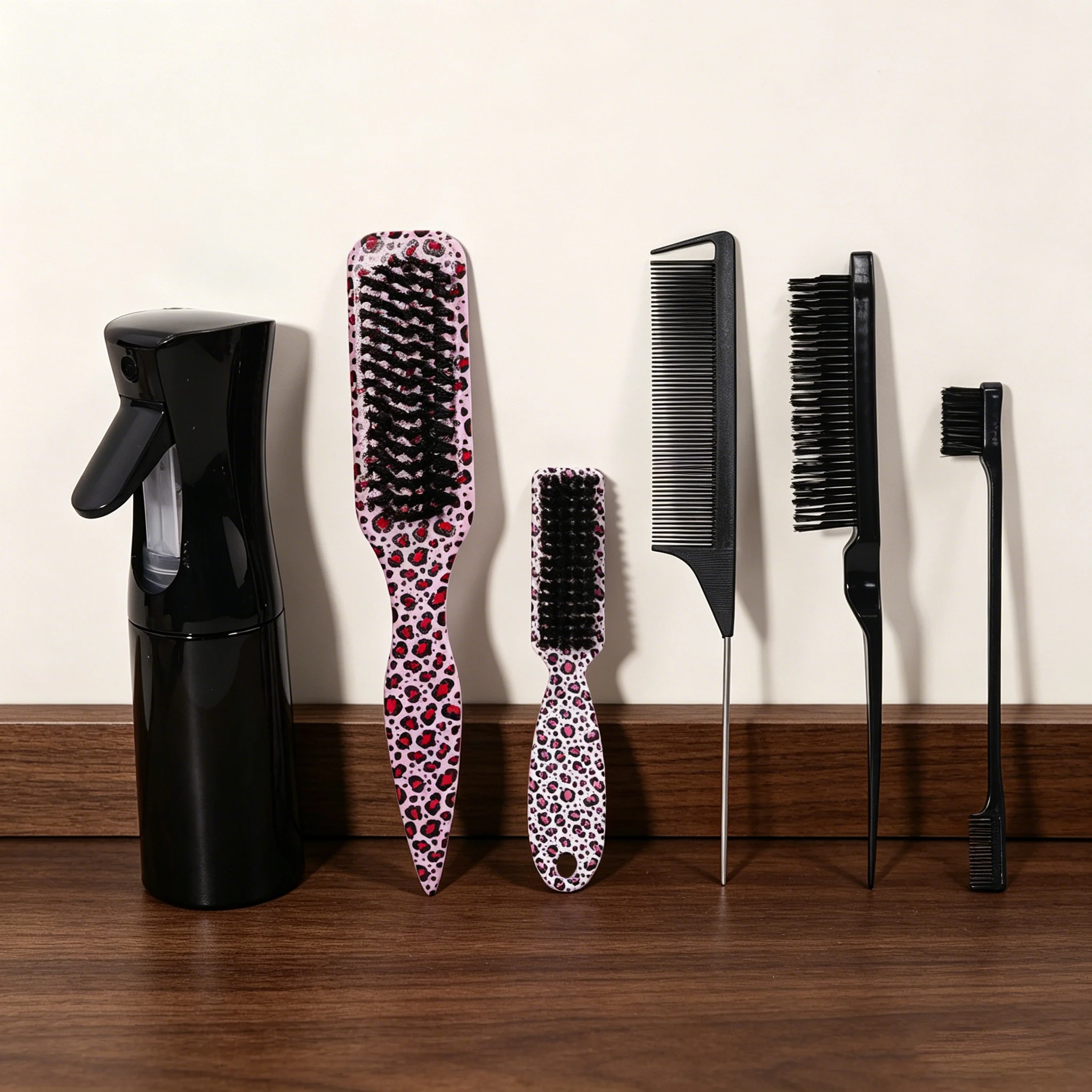 

Hair styling suit, spray bottle, soft beard brush leopard print comb, straight back comb, tear comb, suitable for all hair