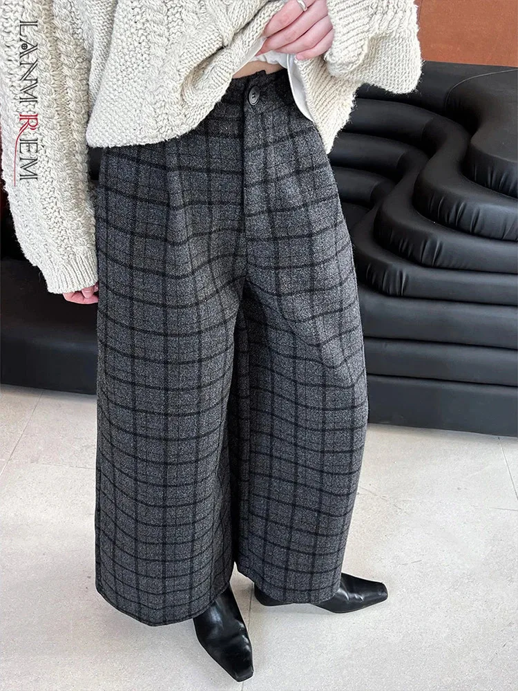 

[LANMREM] Vintage Plaid Contrast Color Pants For Women High Waist Wide Leg Trousers Office Lady Clothes 2024 Winter New 26C1559