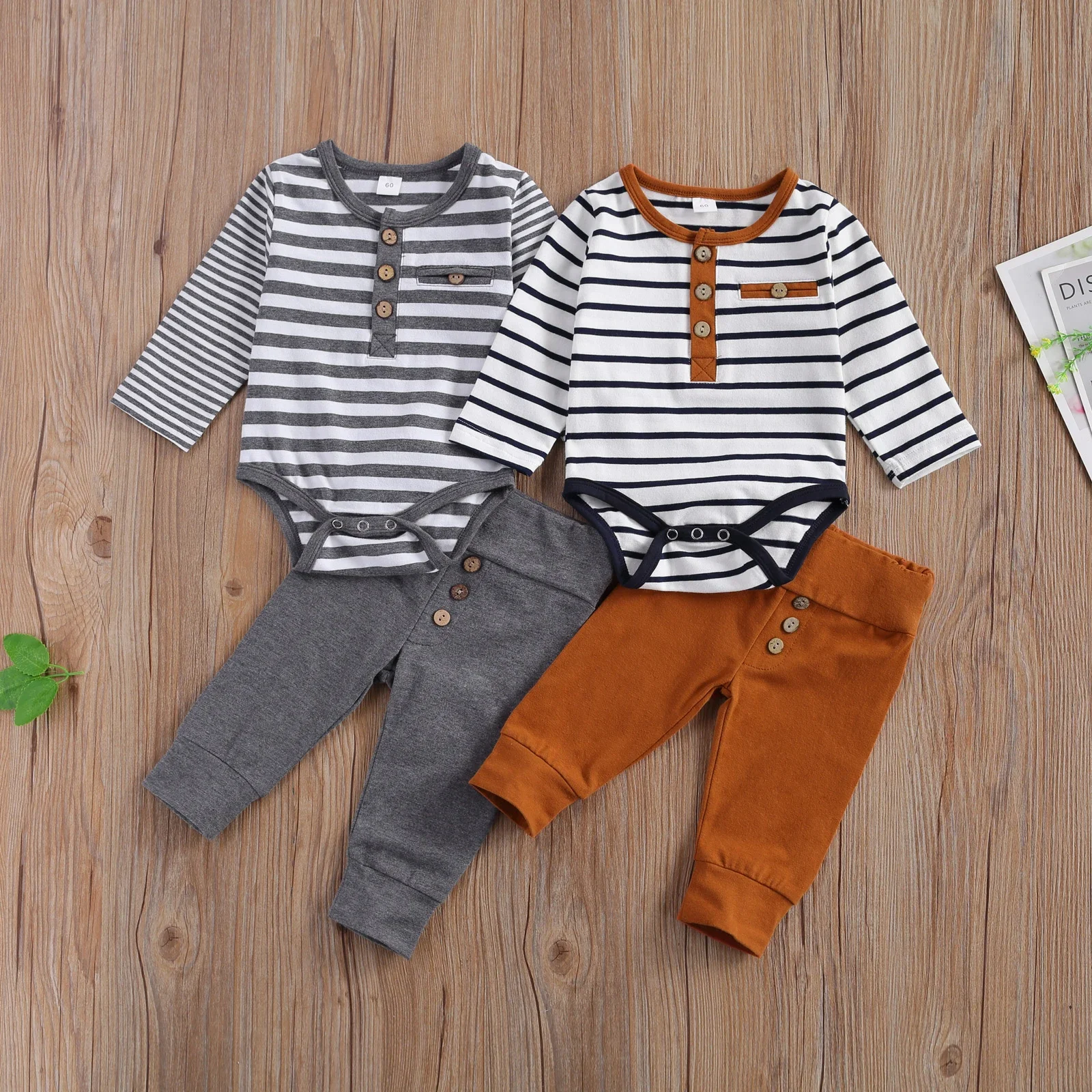 Lioraitiin babyjongen meisje casual gestreepte romper 2-delige set, ronde hals lange mouw knoopdecoratie, losse broek