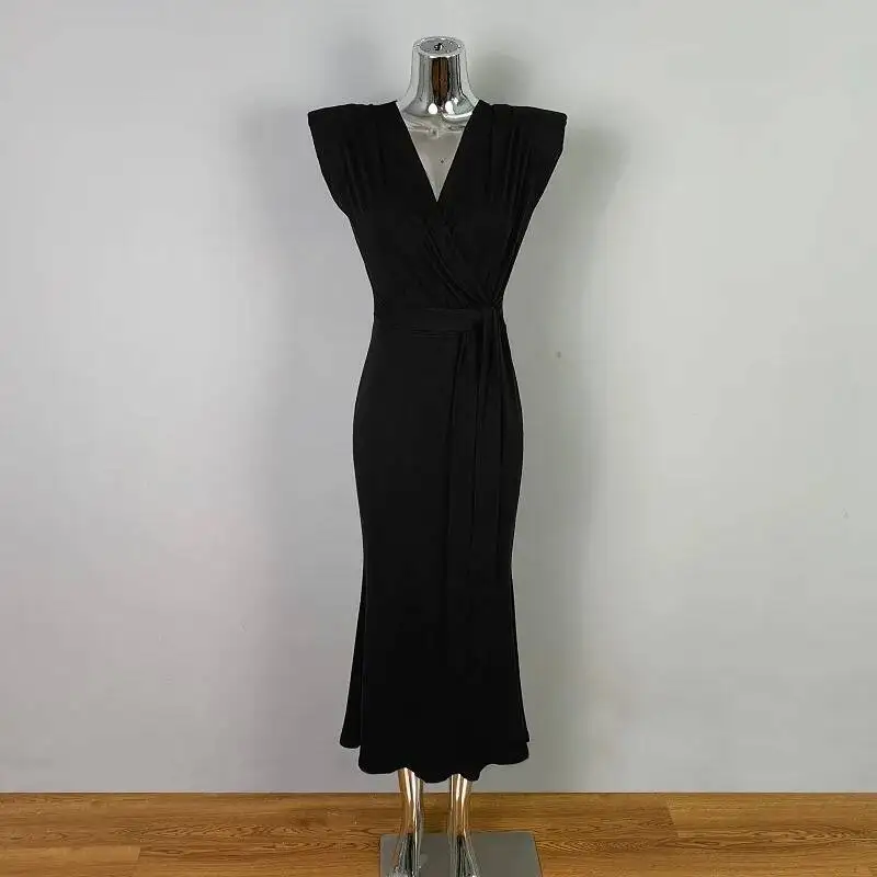 Corea sexy vita-serraggio cravatta spalla imbottita profondo scollo a V elegante abito lungo senza maniche moda donna sexy top UTW2