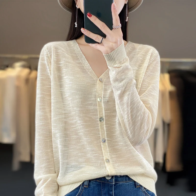 Cardigan de malha fina de verão feminino ar condicionado longo Sve solto agasalhos renda floral saia aberta Sle V-Ne regular...