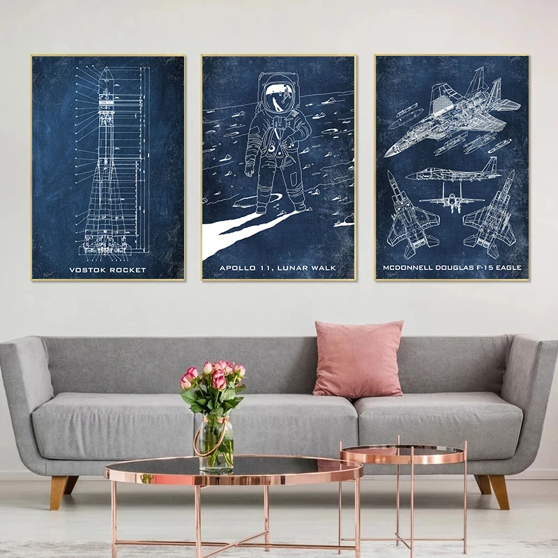 Space Patent Blueprints Vintage Poster and Prints , Space Ships Illustration Canvas Painting White Blue Pictures Home Decor