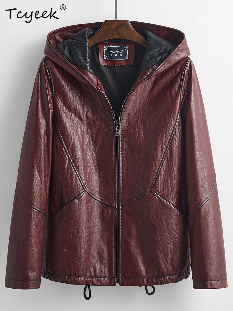 Tcyeek jaqueta de couro feminina de pele de carneiro genuína primavera outono mãe com capuz manga comprida jaqueta de couro curto chaqueta cuero mujer