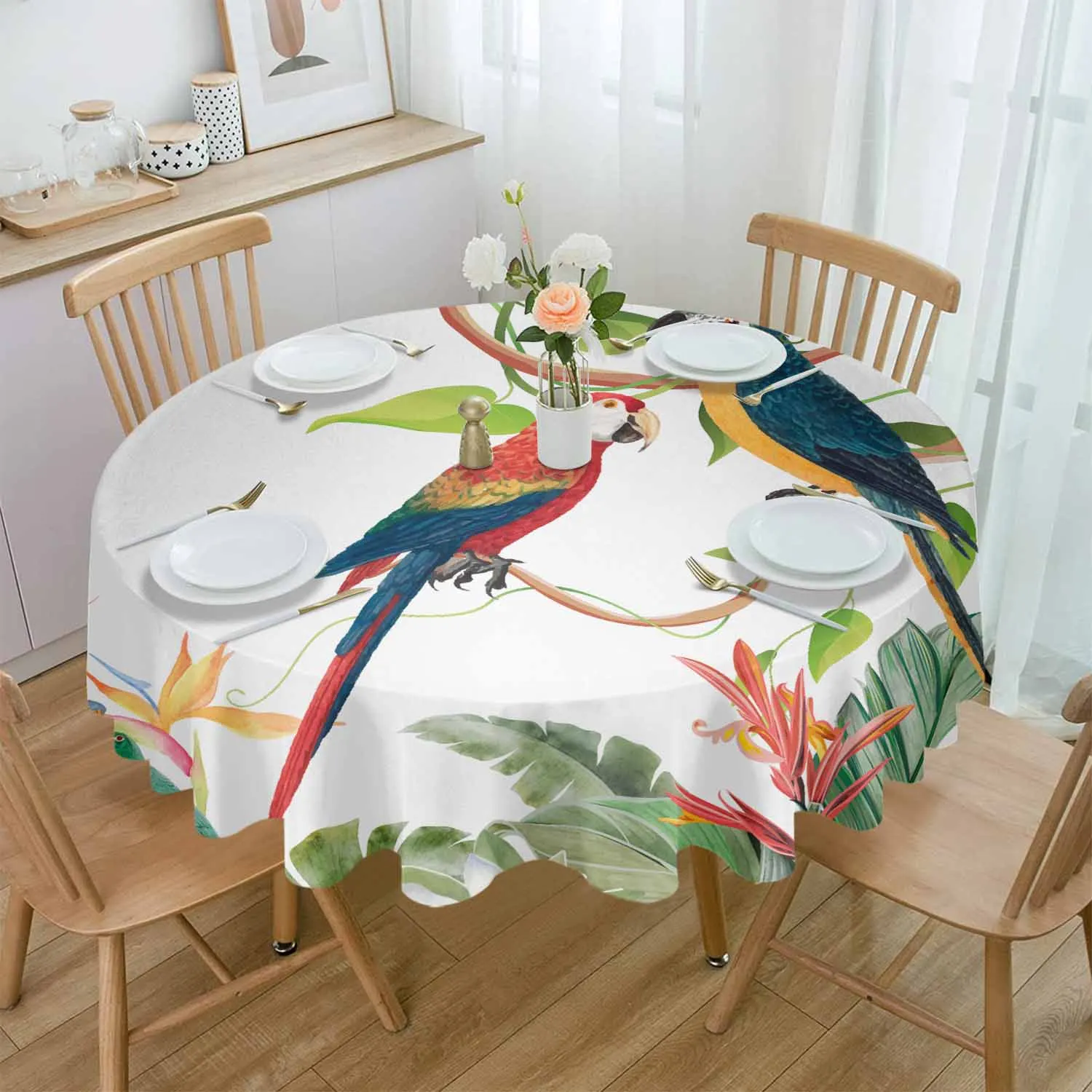 

Tropical Leaves Parrot Flowers Round Table Cloth Waterproof Wedding Holiday Tablecloth Coffee Table Decor Table Cover