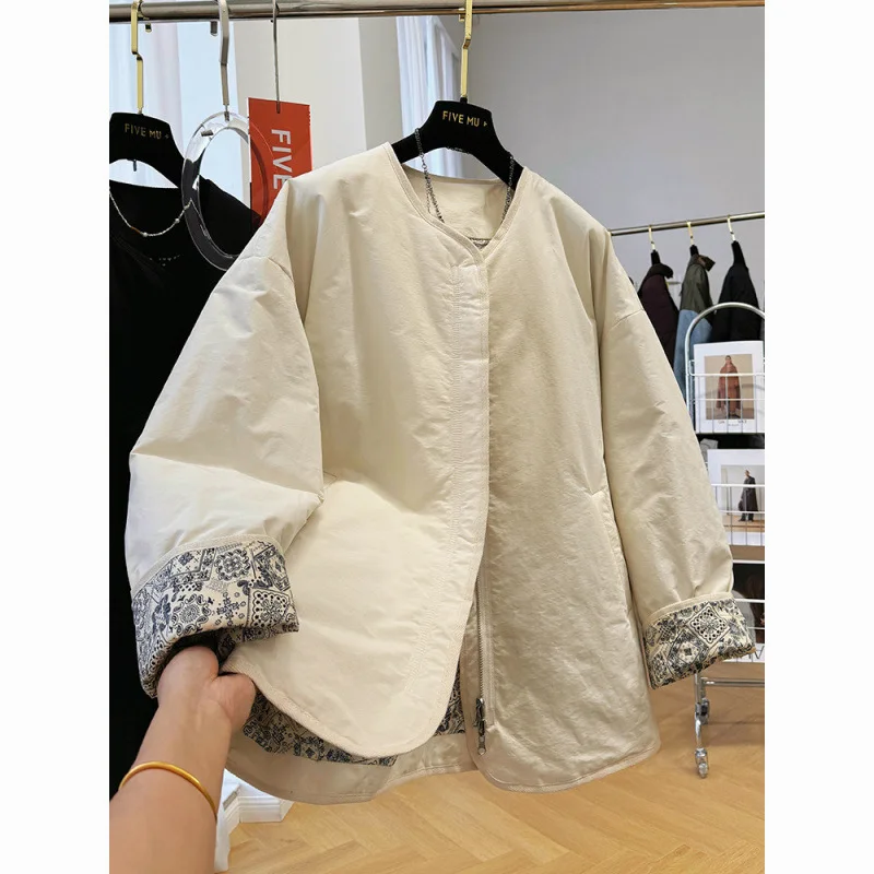 

Women's Lazy Relaxed Style Retro Unique Crew Neck Puffer Coat - Autumn Winter Casual Cotton Jacket