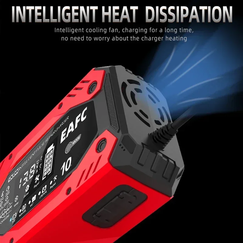 Полностью автоматическое зарядное устройство для автомобильного аккумулятора EAFC 12 В 10 А, Многоуровневое защитное зарядное устройство для автомобильного аккумулятора с импульсным восстановлением и ЖК-дисплеем